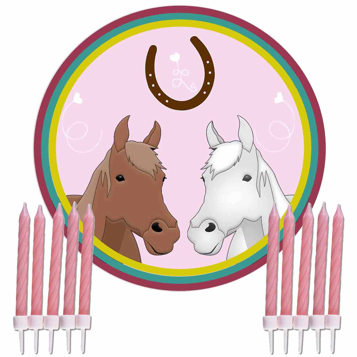 Essbarer Tortenaufleger Pferdeköpfe mit rosa Kuchenkerzen