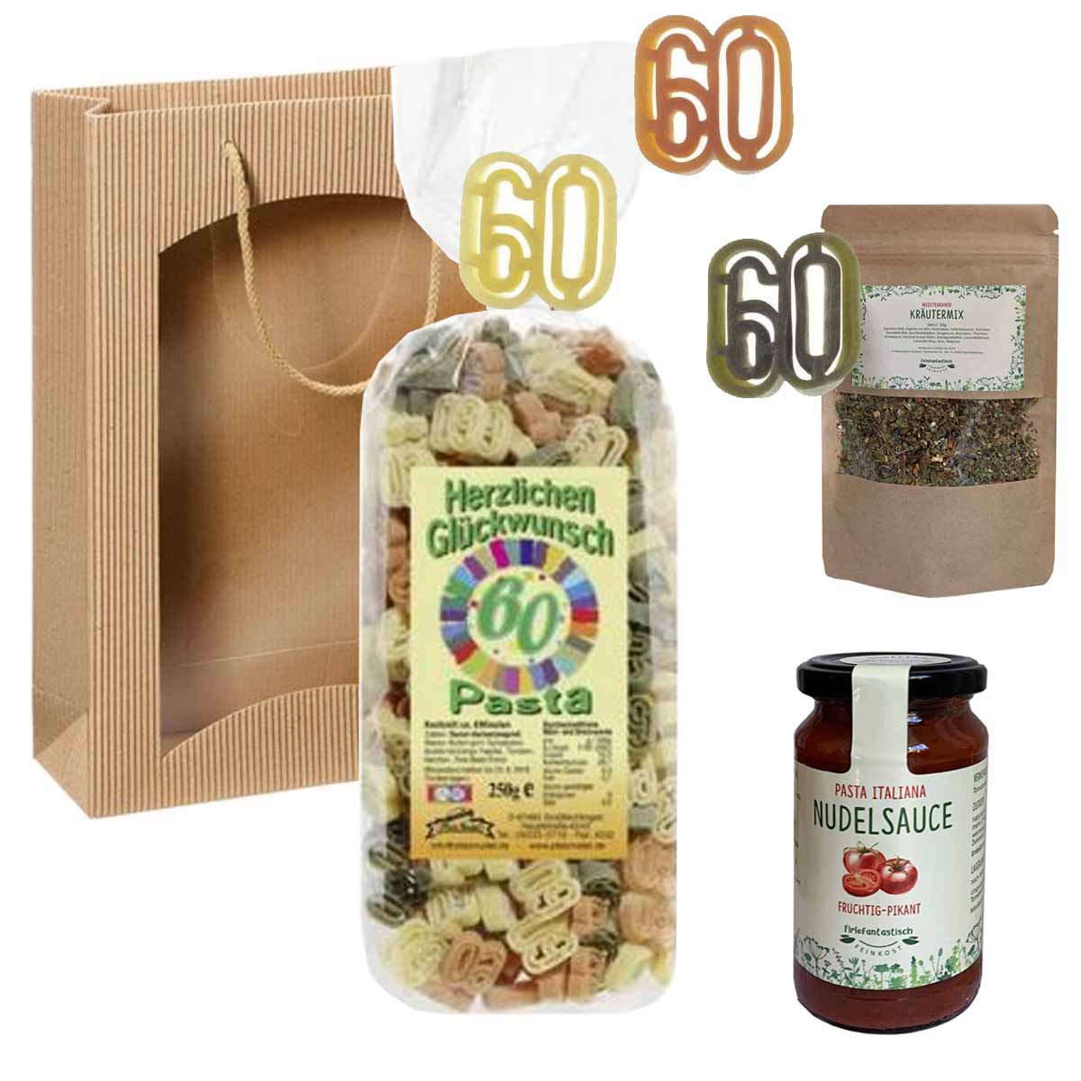Feinkost-Set 60. Geburtstag mit Nudeln, Sauce, Kräutermix