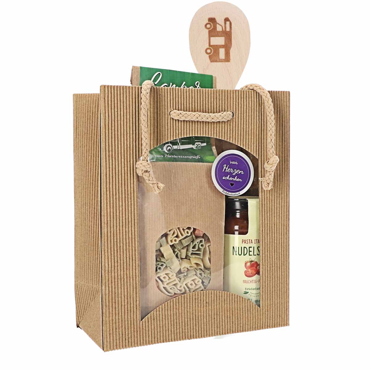 Feinkost-Set Wohnmobil mit Nudeln, Sauce, Gewürze und Holzlöffel