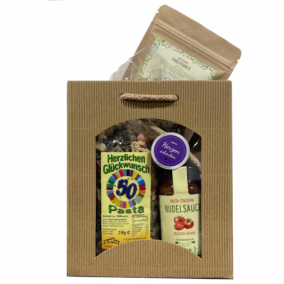 Feinkost-Set 50. Geburtstag mit Nudeln, Sauce, Kräutermix