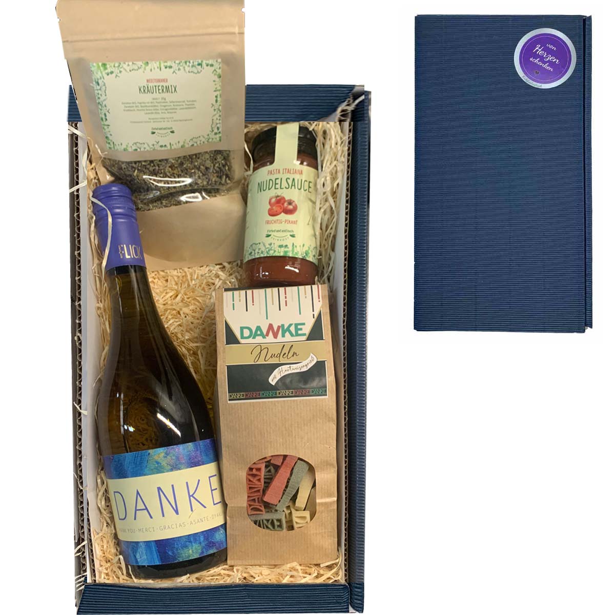 Geschenkset Danke mit Wein, Nudeln, Sauce und Kräutermix