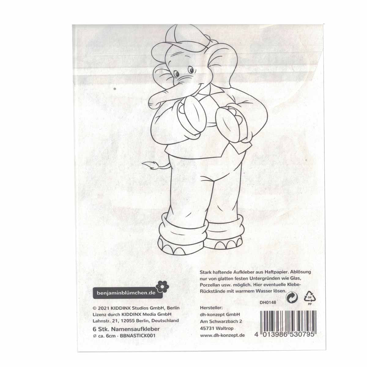 Benjamin Blümchen Aufkleber mit Namensfeld 6 Stück Gläsersticker