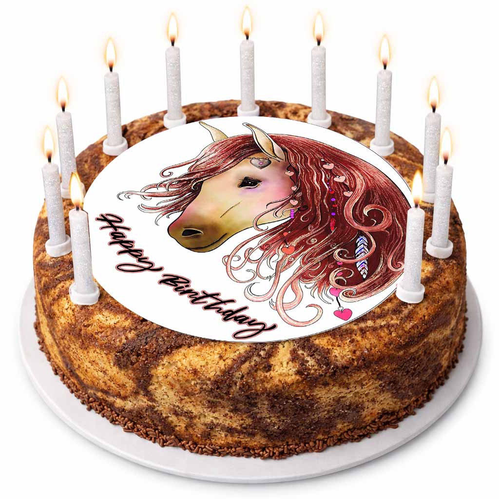 Essbarer Tortenaufleger Pferd Happy Birthday mit GLITZER und Kerzen