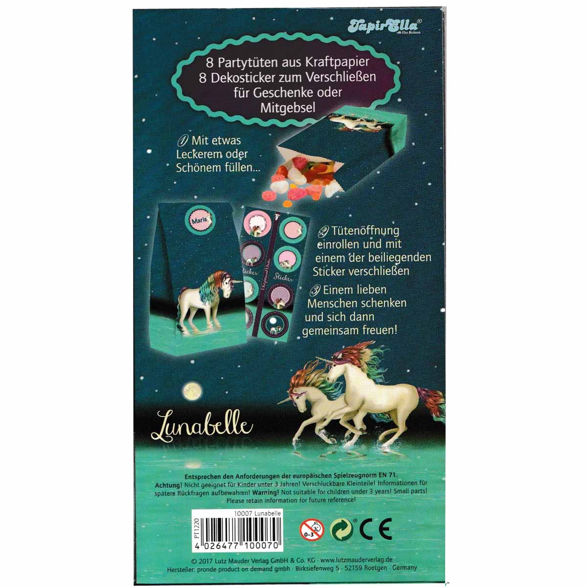 Einhorn Partytüten Lunabelle aus Papier mit Sticker 8 Stück
