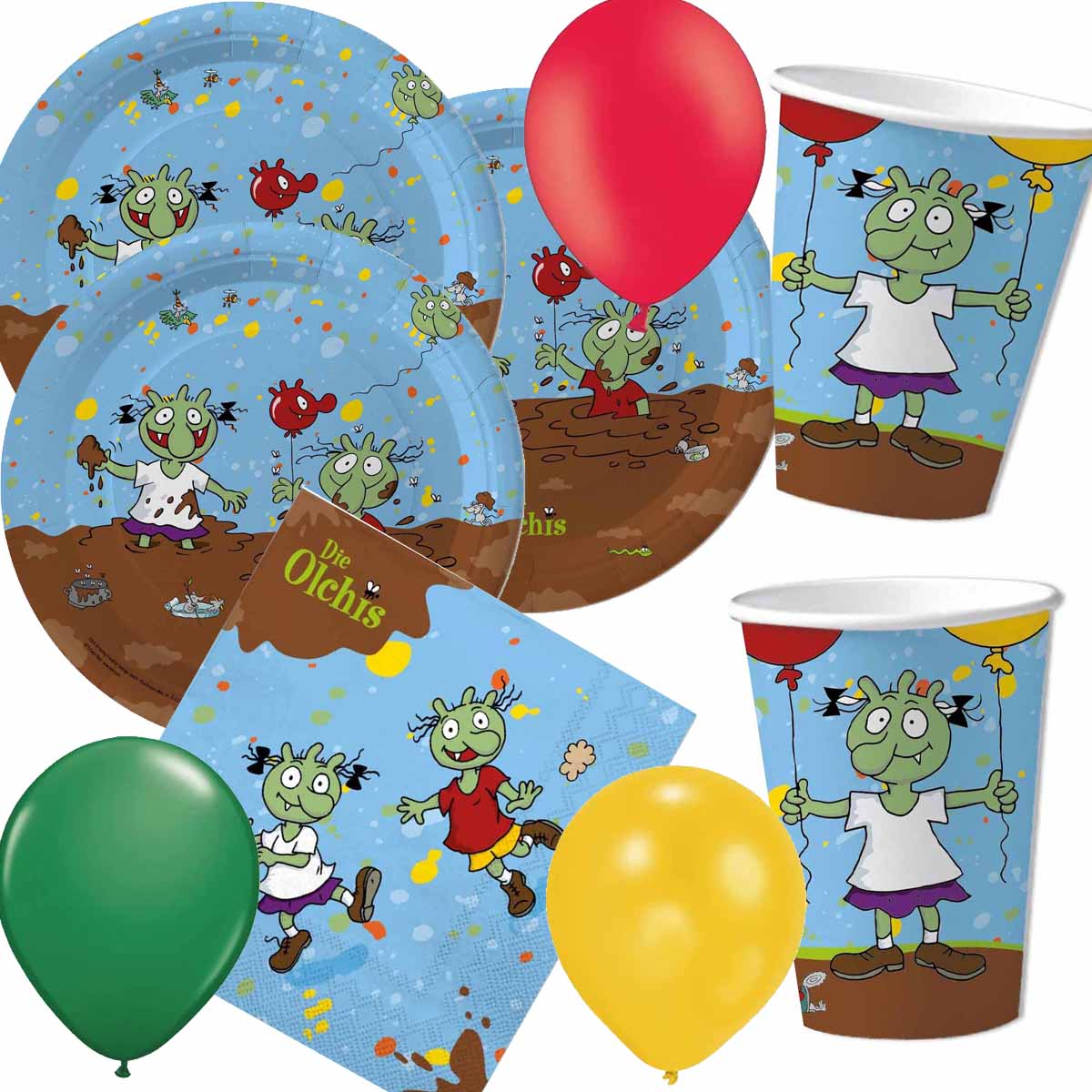 Partyset Die Olchis für 16 Gäste mit Teller, Becher, Servietten und Ballons