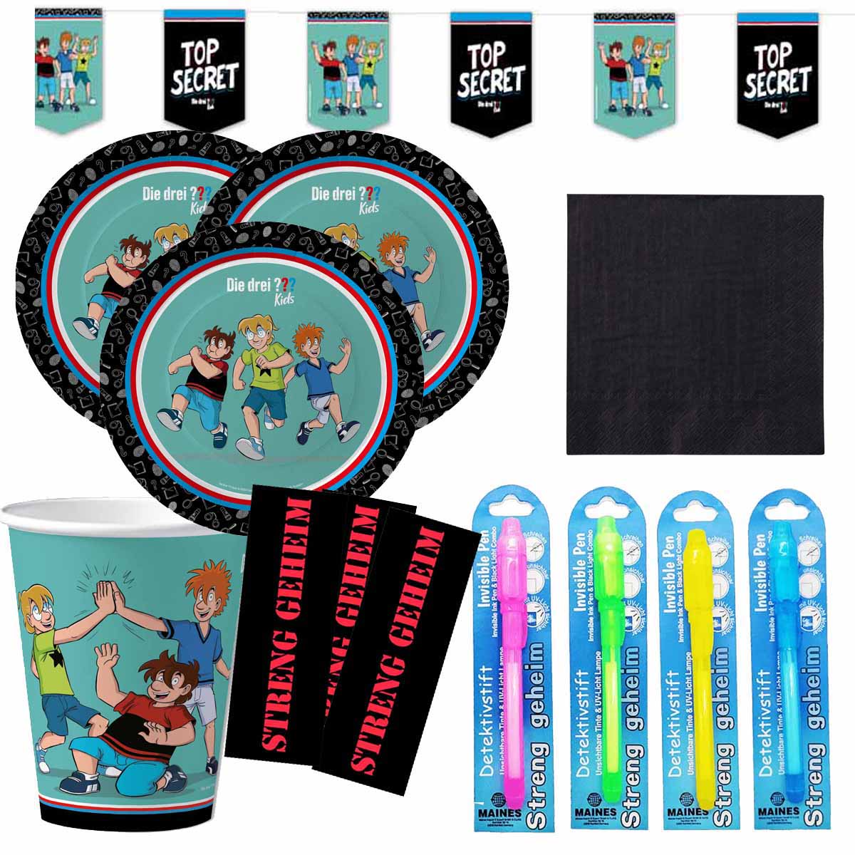 Partyset Drei ??? Kids mit 8 Geheimstiften und schwarzen Servietten