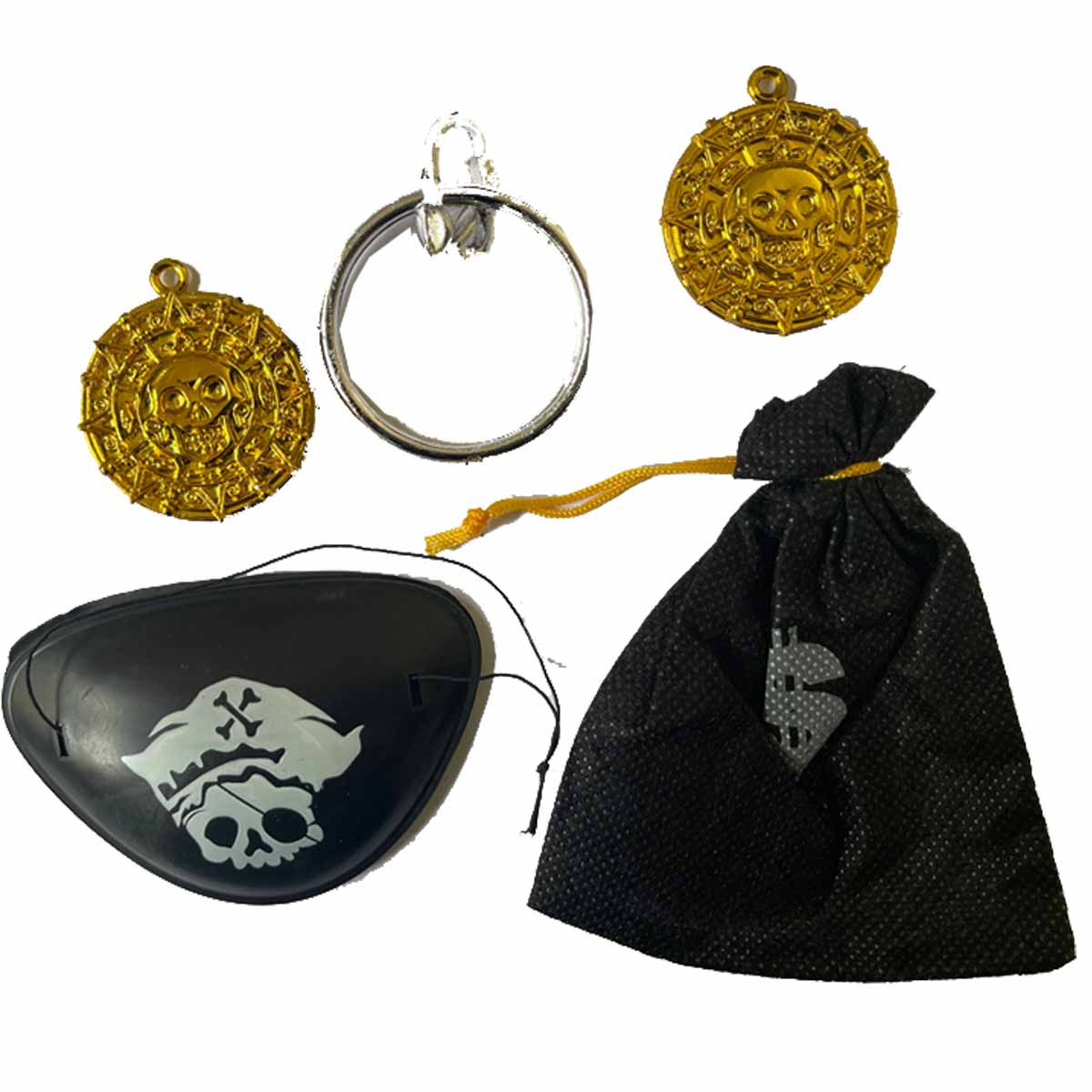 Piraten-Zubehör mit Augenklappe, Dukatenbeutel mit 2 Dukaten und Ohrring