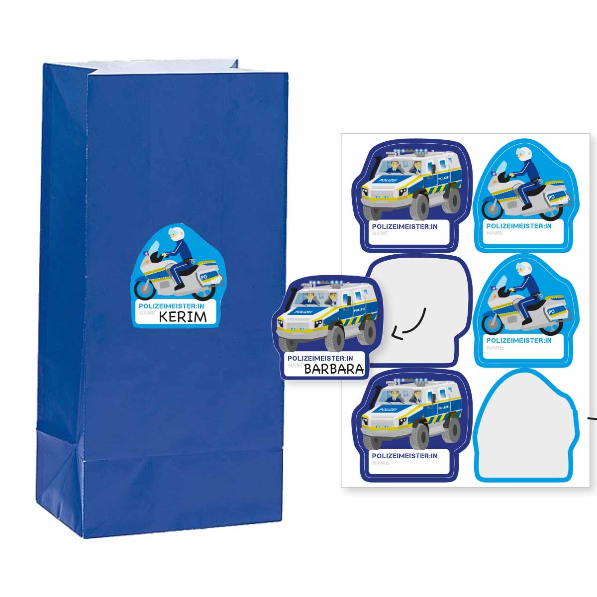 12 Polizei Geschenktüten und 12 Polizei Aufkleber