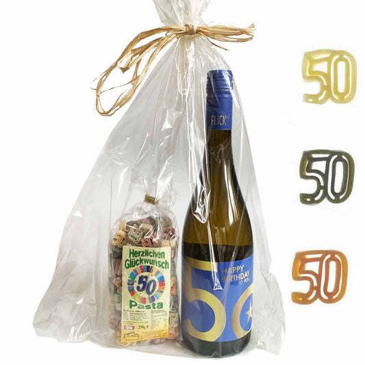 Präsent-Tüte 50. Geburtstag mit Wein und Nudeln