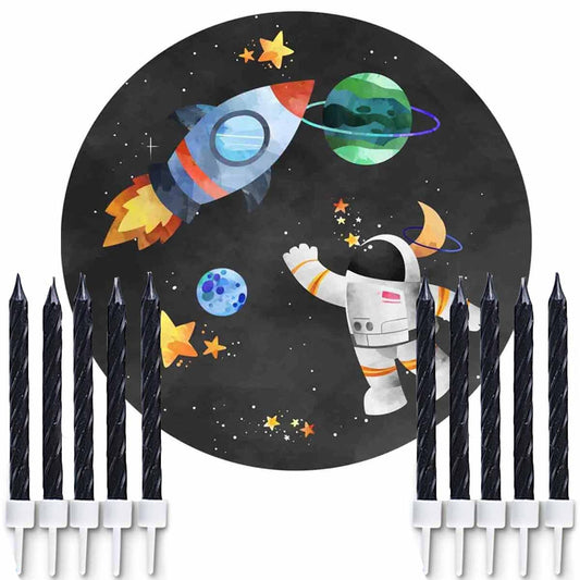 Essbarer Tortenaufleger Astronaut mit 10 schwarzen Kuchenkerzen