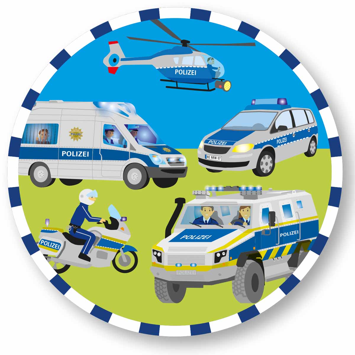Essbarer Tortenaufleger Polizeifahrzeuge mit 10 blauen Kuchenkerzen