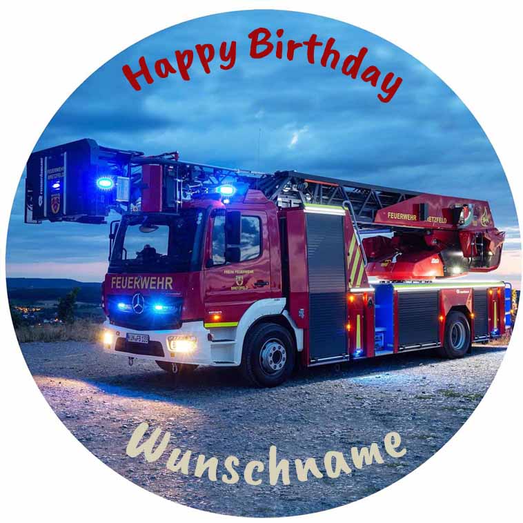 Essbarer Tortenaufleger " Feuerwehr-Truck " mit WUNSCHTEXT