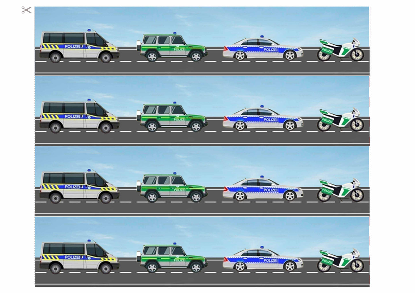 Essbares Tortenband Polizeifahrzeuge 4 Streifen