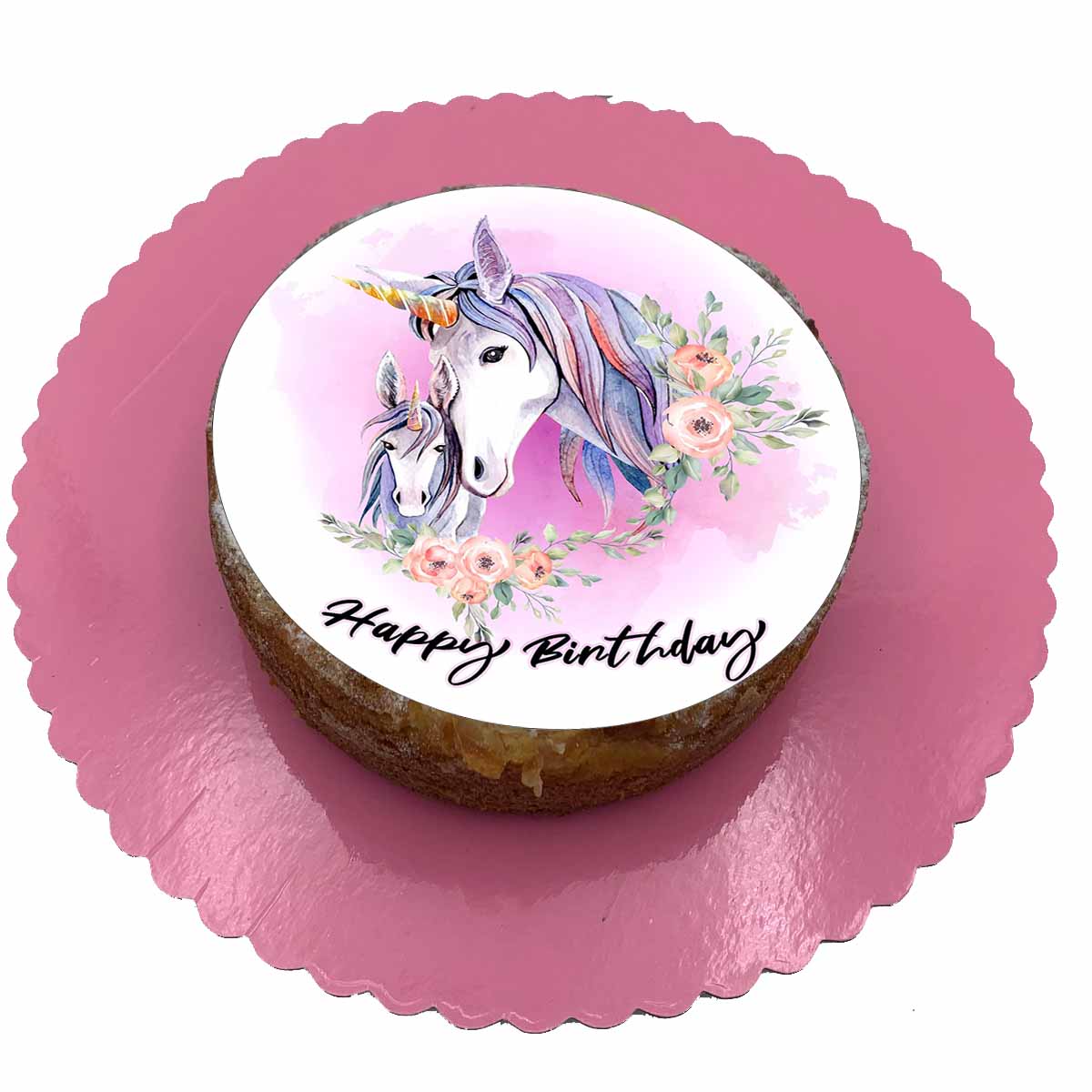 Essbarer Tortenaufleger Einhorn Happy Birthday mit Servierplatte