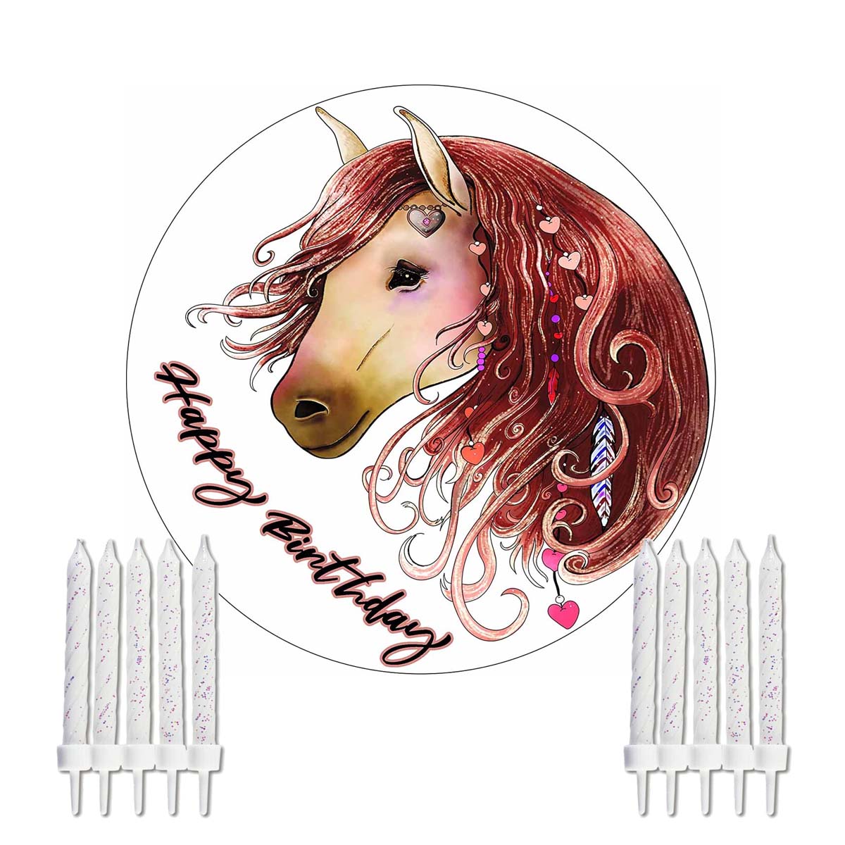 Essbarer Tortenaufleger Pferd Happy Birthday mit GLITZER und Kerzen