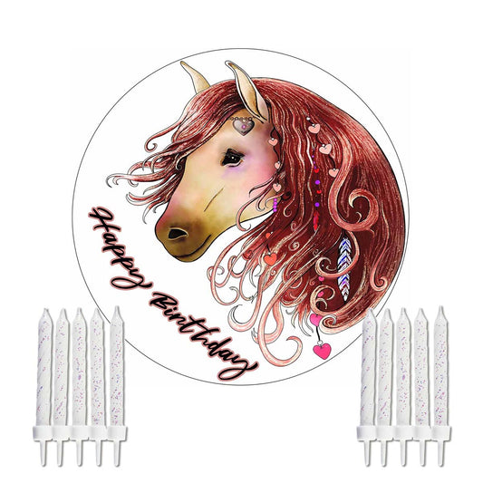 Essbarer Tortenaufleger Pferd Happy Birthday mit GLITZER und Kerzen