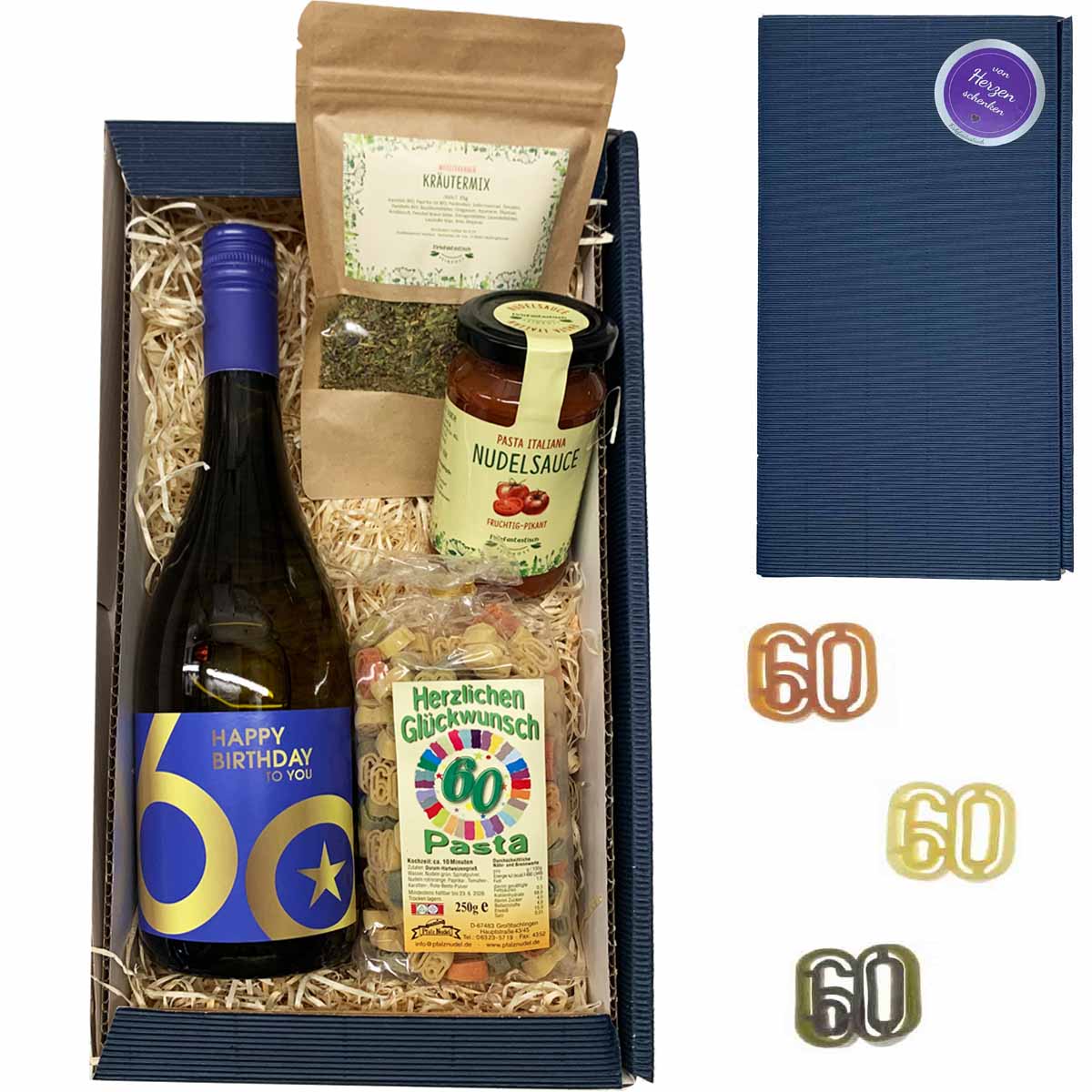 Geschenkset 60. Geburtstag mit Wein, Nudeln, Sauce und Kräutermix
