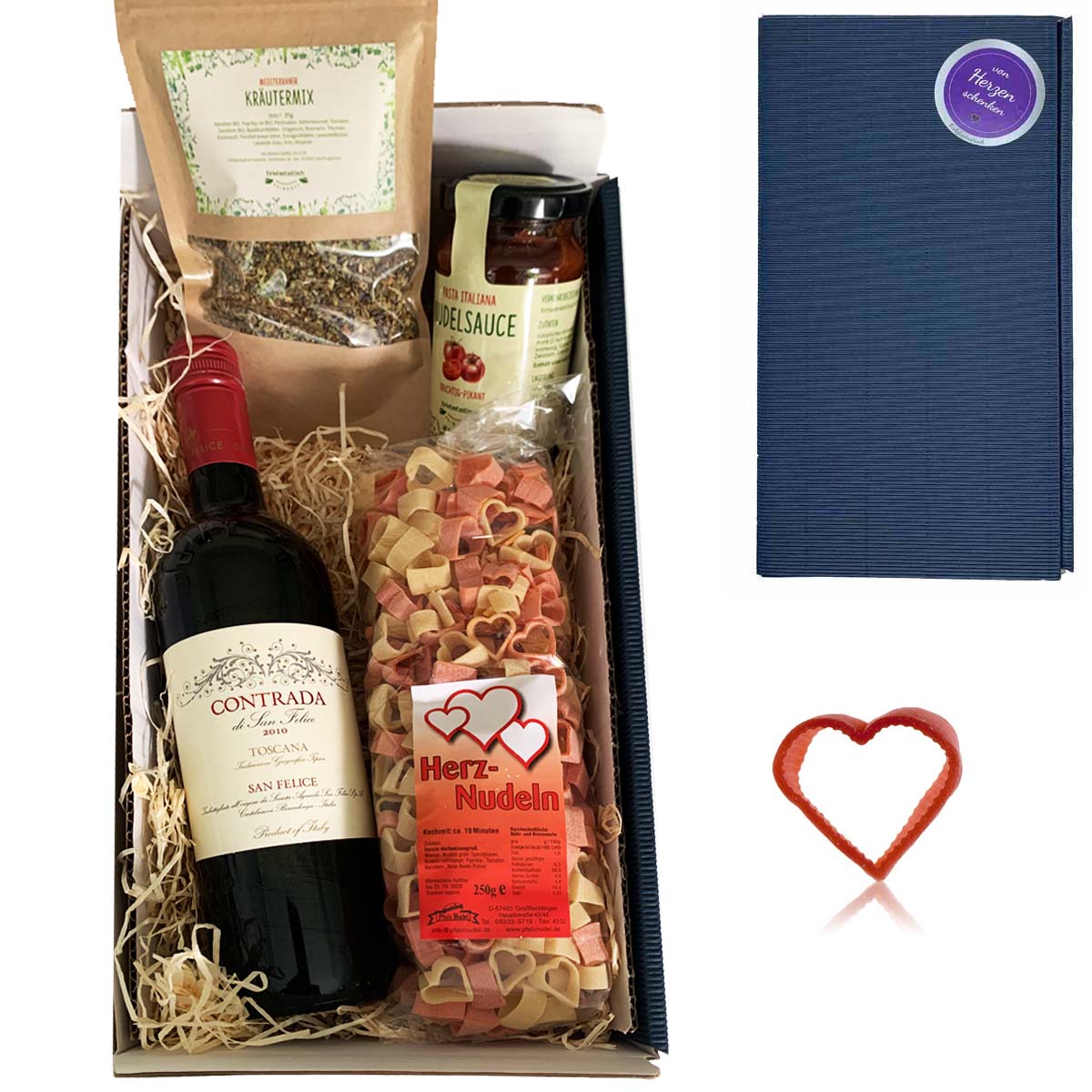 Geschenkset Herzliche Überraschung mit Wein, Nudeln, Sauce und Kräutermix