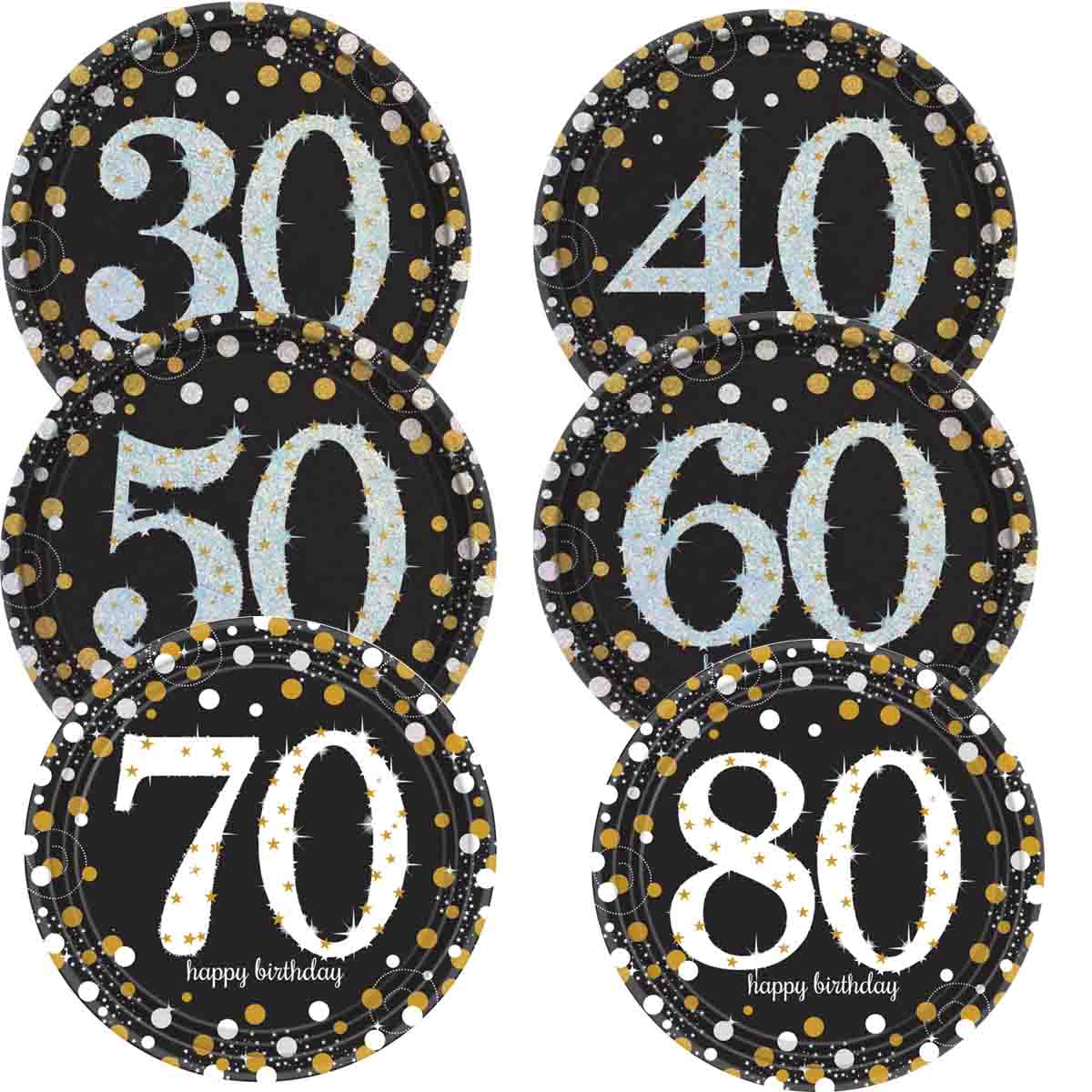 Glitzernde Teller in Gold Schwarz für Runden Geburtstag