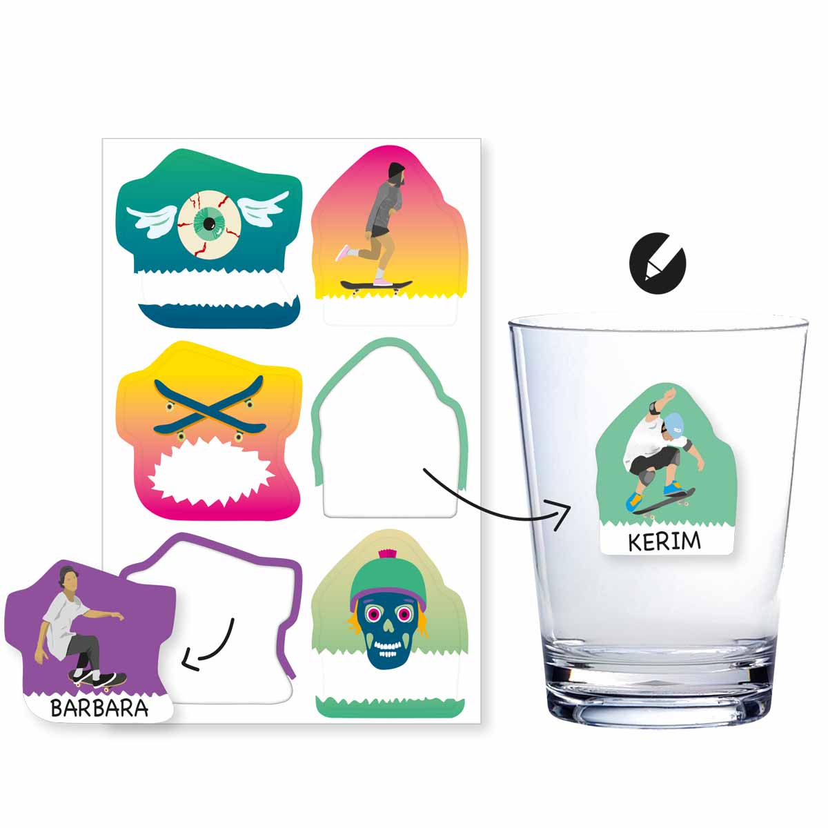 Skater Aufkleber mit Namensfeld 6 Stück Gläsersticker