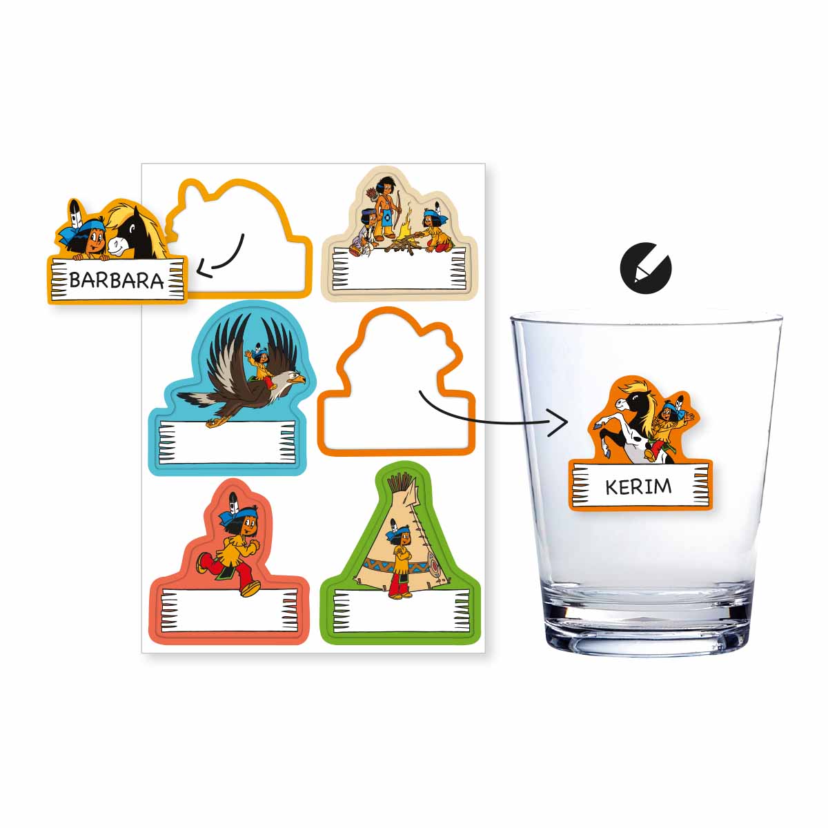 Yakari Aufkleber mit Namensfeld 6 Stück Gläsersticker