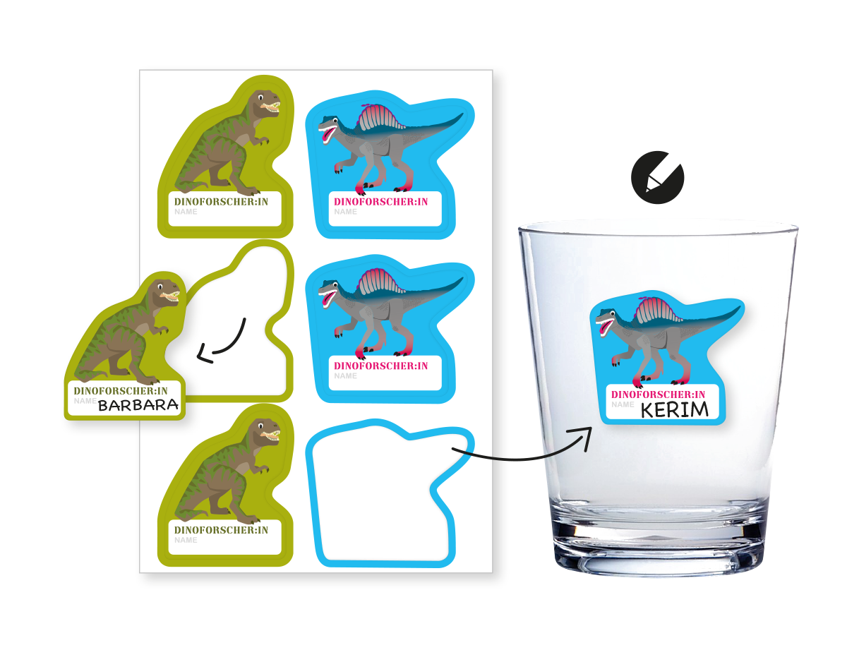 Dinosaurier Aufkleber mit Namensfeld 6 Stück Gläsersticker