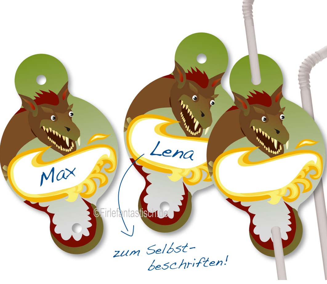 Papiertrinkhalme Drache mit Ritter mit Namensfeld 8 Stück