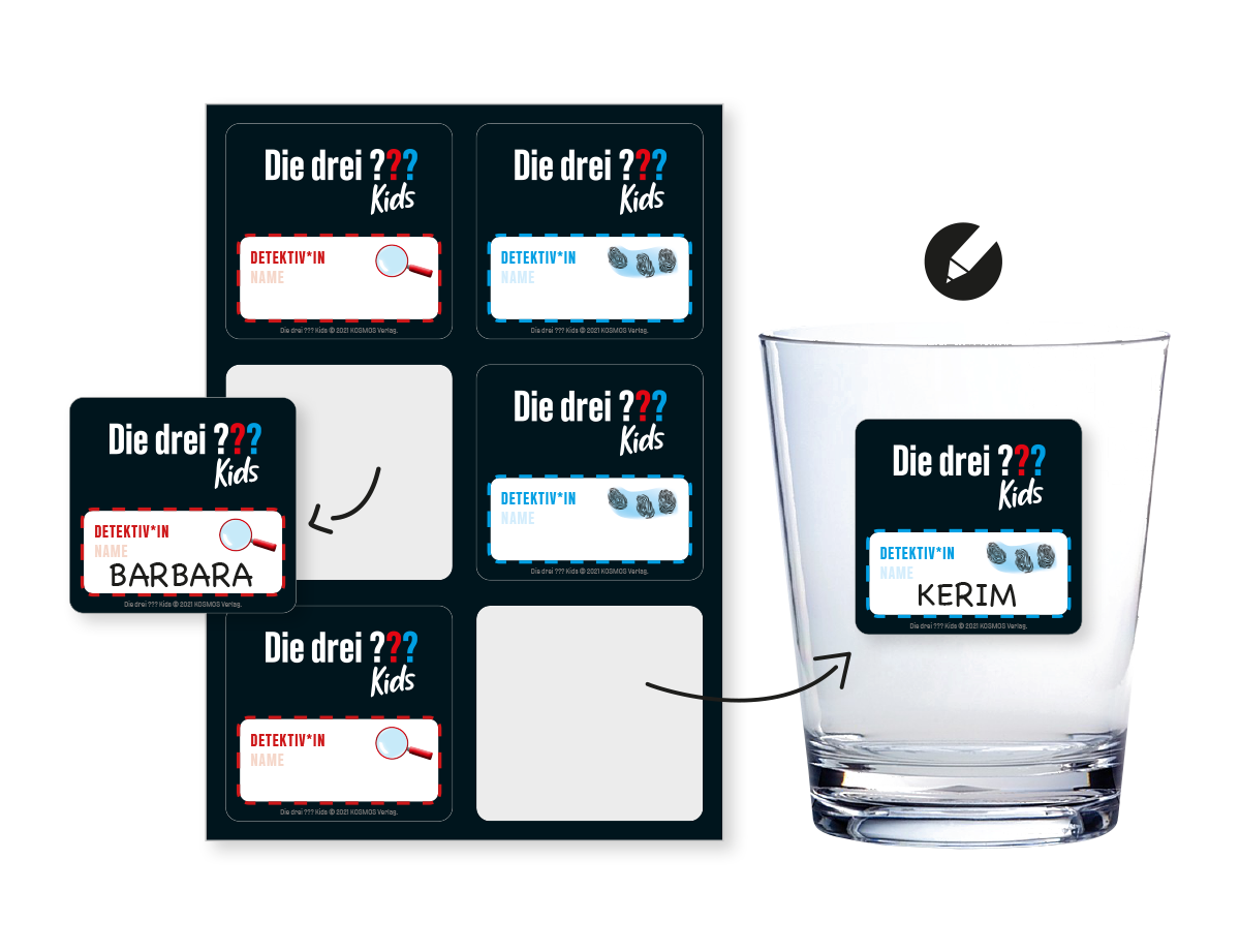 Drei ??? Kids Aufkleber mit Namensfeld 6 Stück Gläsersticker