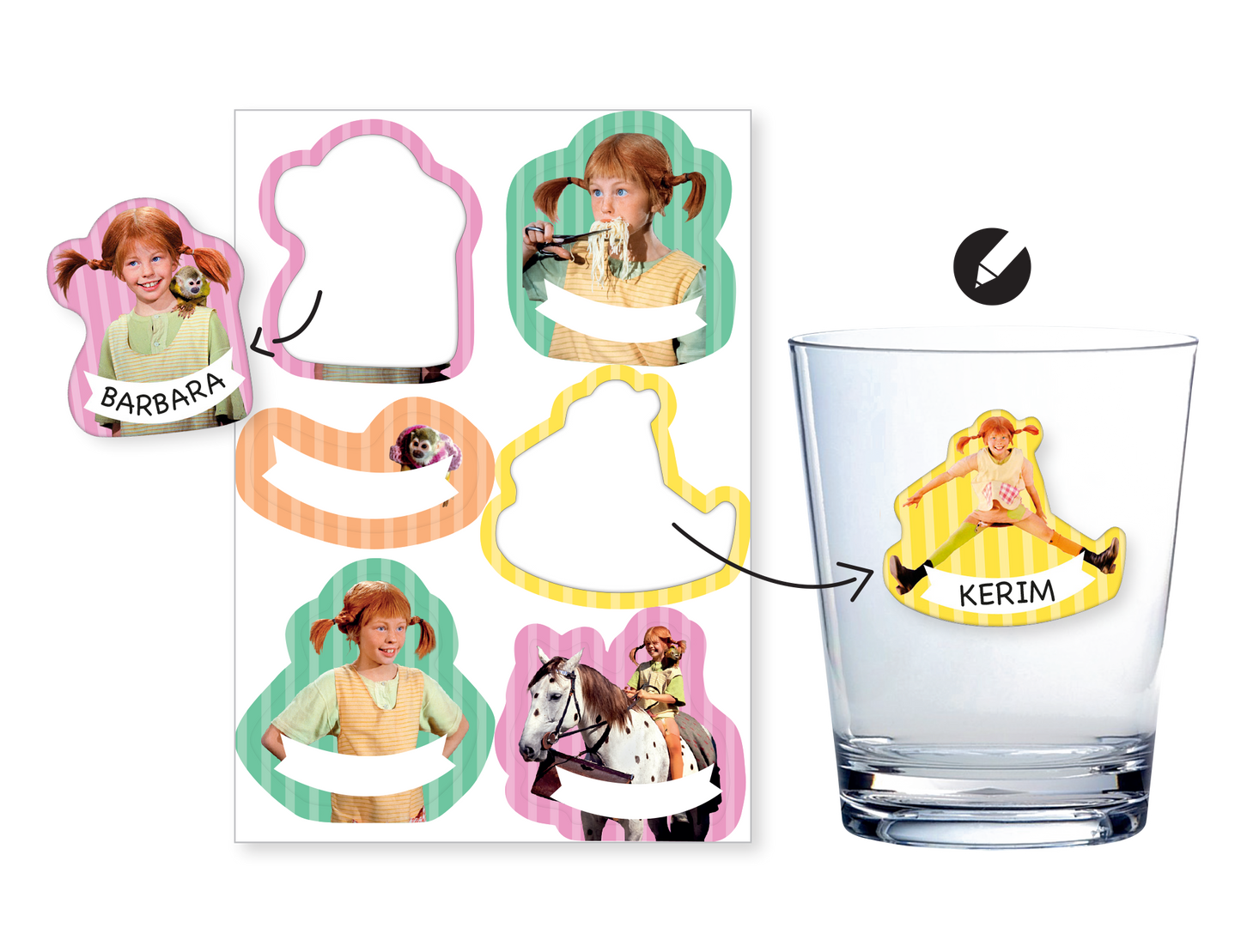 Pippi Langstrumpf-Aufkleber mit Namensfeld 6 Stück Gläsersticker