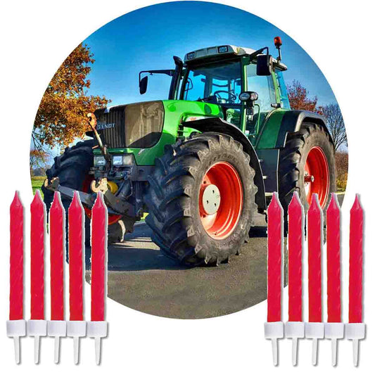 Essbarer Tortenaufleger Traktor mit 10 roten Kuchenkerzen