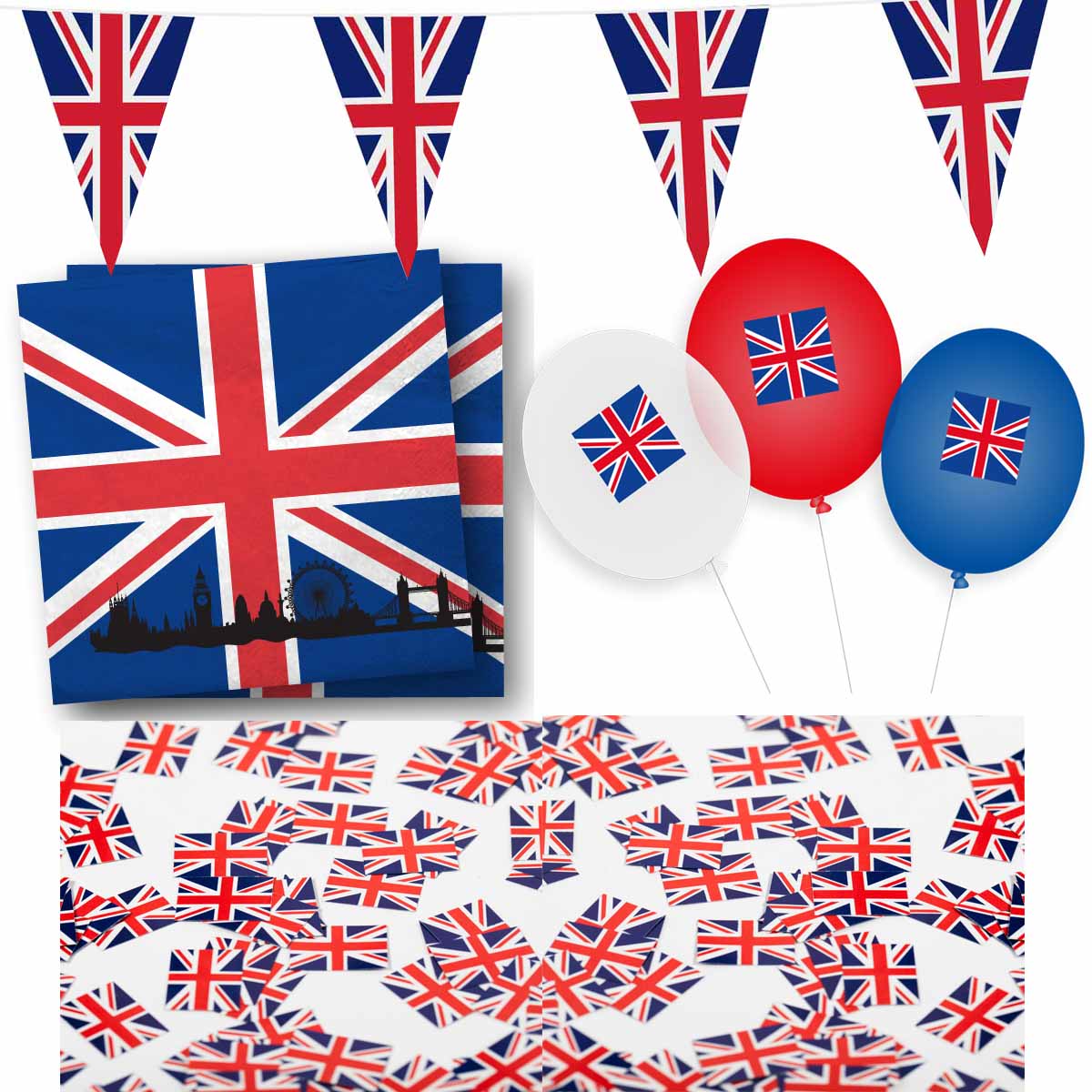 Dekoset England Servietten, Wimpelkette, Konfetti, Ballons