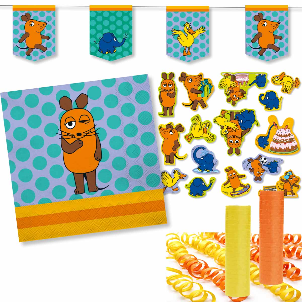 Die Maus Dekoset Servietten, Wimpelkette, Konfetti und Luftschlangen Gelb und Orange