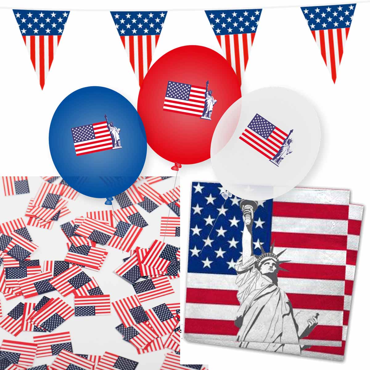 Dekoset USA Servietten, Wimpelkette, Konfetti, Ballons