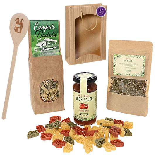 Feinkost-Set Wohnmobil mit Nudeln, Sauce, Gewürze und Holzlöffel
