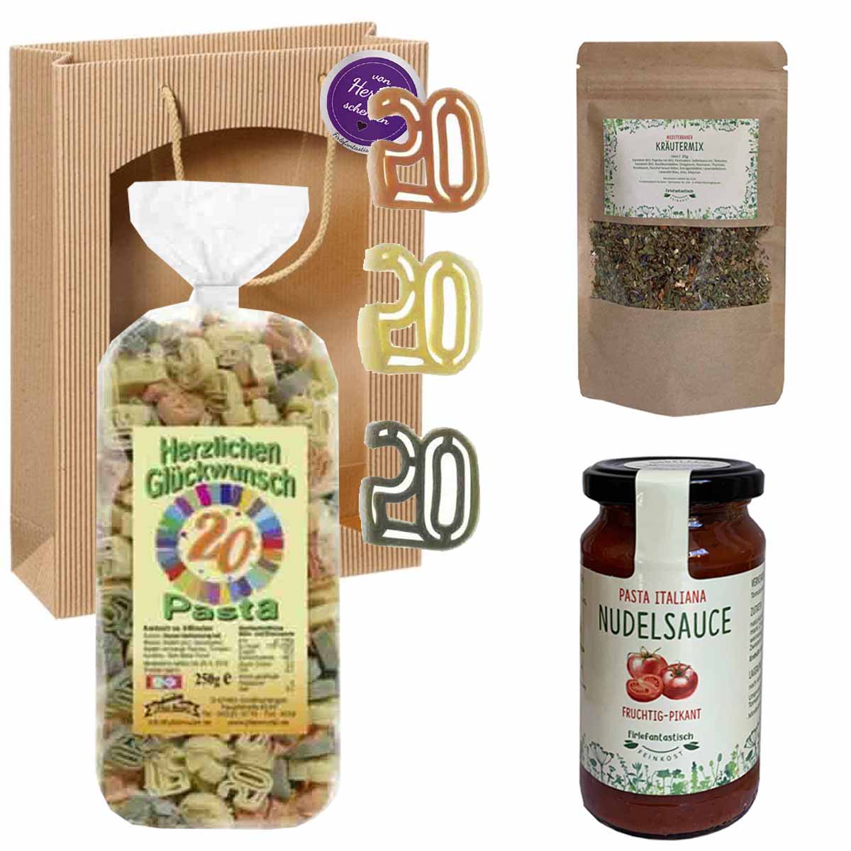 Feinkost-Set 20. Geburtstag mit Nudeln, Sauce, Kräutermix
