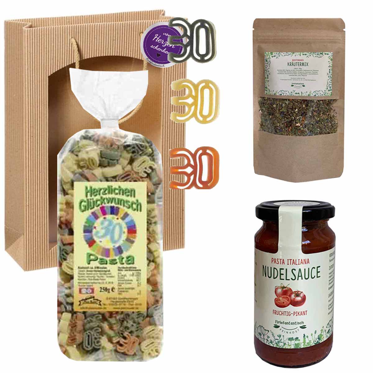 Feinkost-Set 30. Geburtstag mit Nudeln, Sauce, Kräutermix