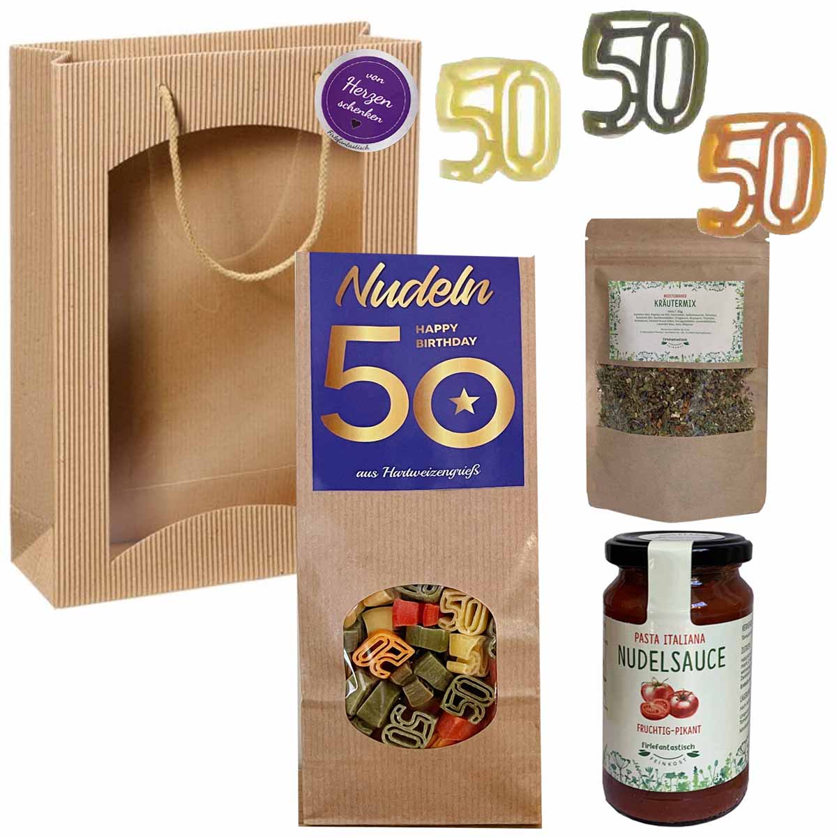Feinkost-Set 50. Geburtstag mit Nudeln, Sauce, Kräutermix