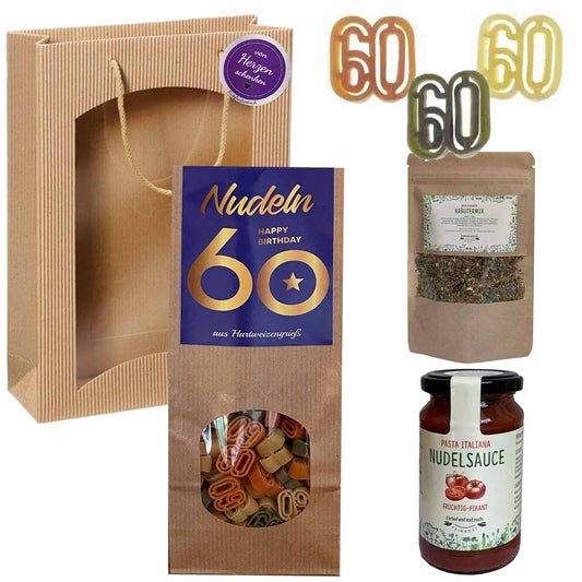 Feinkost-Set 60. Geburtstag mit Nudeln, Sauce, Kräutermix
