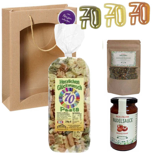 Feinkost-Set 70. Geburtstag mit Nudeln, Sauce, Kräutermix