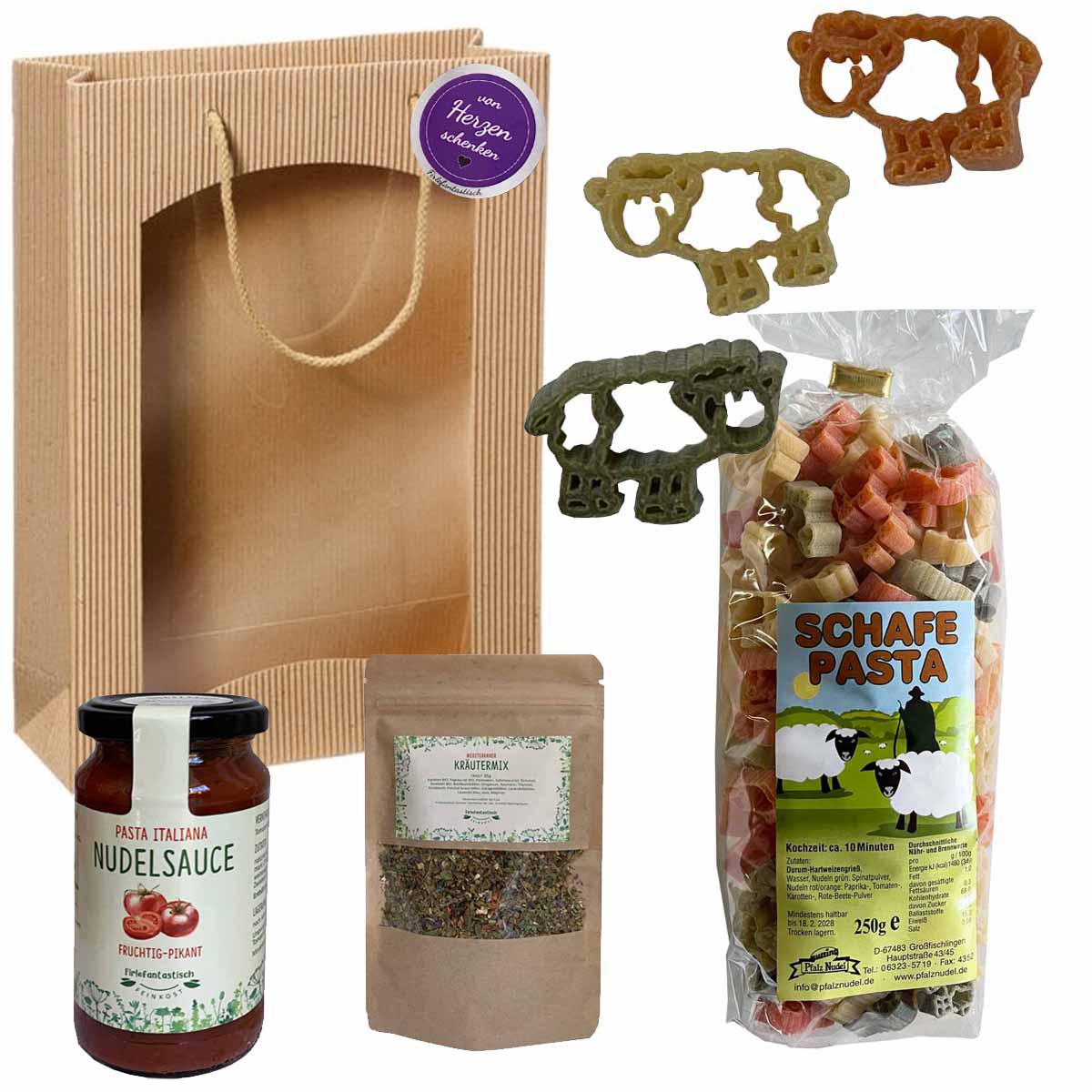 Feinkost-Set mit Schäfchen-Nudeln, Sauce, Kräutermix