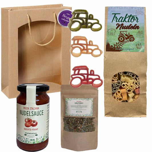 Feinkost-Set Traktor mit Nudeln, Sauce, Kräutermix