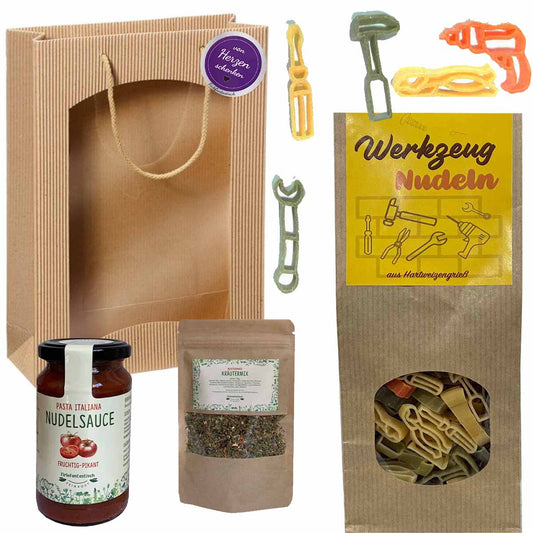 Feinkost-Set Werkzeug mit Nudeln, Sauce, Kräutermix - Geschenk Handwerker