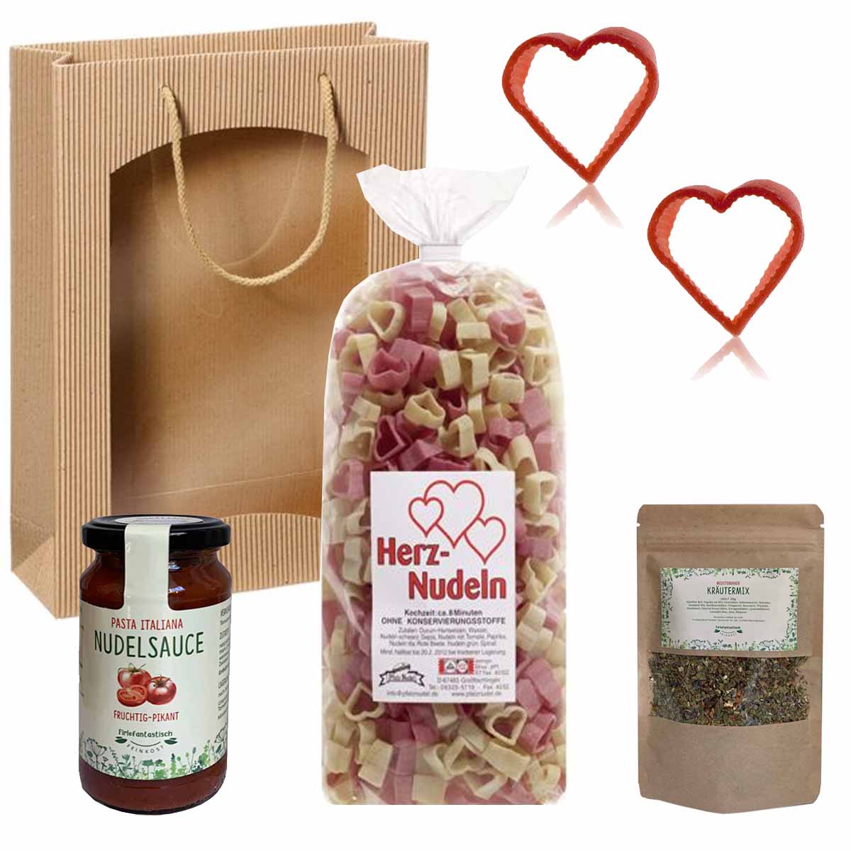 Feinkost-Set Herzklopfen mit Herz-Nudeln mit Sauce und Kräutermix