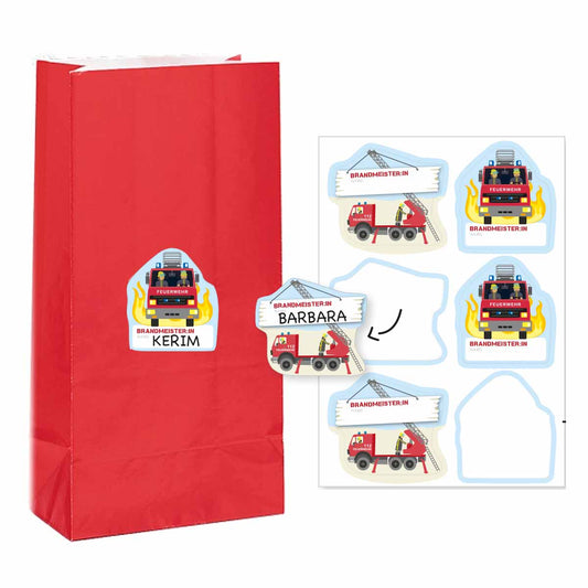 12 Feuerwehr Geschenktüten Rot mit 12 Feuerwehr-Stickern