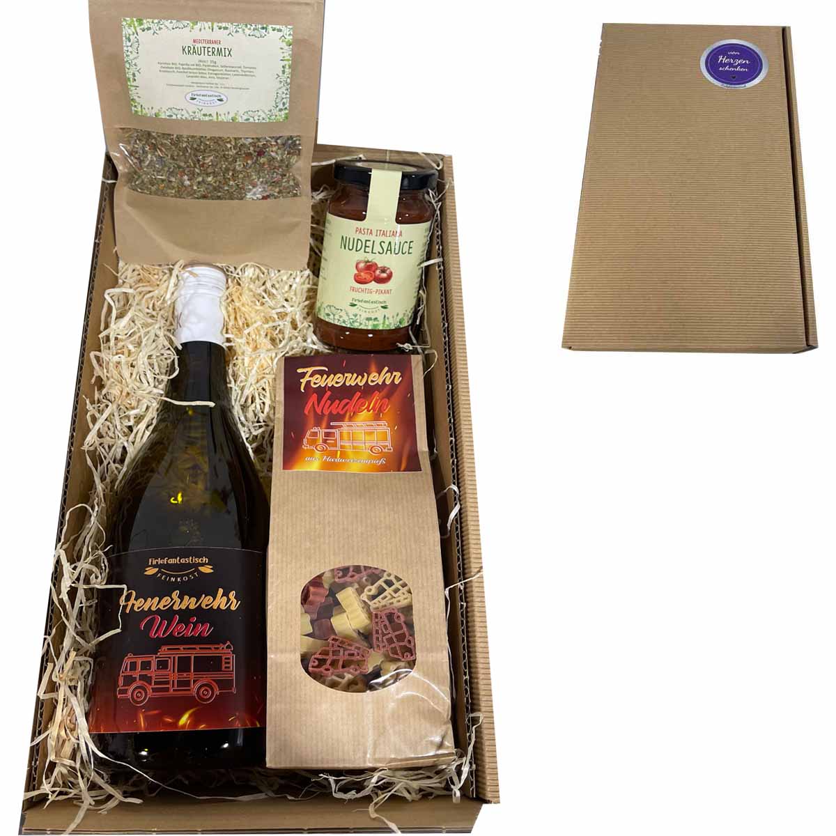 Geschenkset Feuerwehr mit Feuerwehr-Wein, Nudeln, Sauce und Kräutermix
