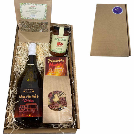 Geschenkset Feuerwehr mit Feuerwehr-Wein, Nudeln, Sauce und Kräutermix