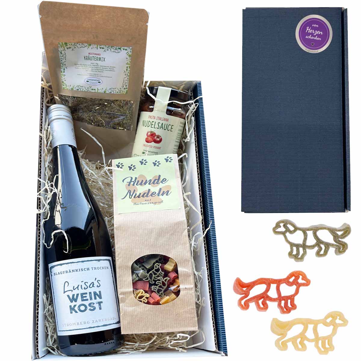 Geschenkset Hunde mit Wein, Nudeln, Sauce und Kräutermix