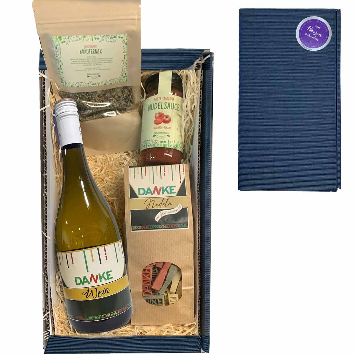 Geschenkset Danke mit Wein, Nudeln, Sauce und Kräutermix