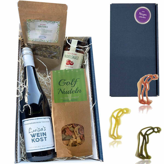 Geschenkset Golf mit Wein, Nudeln, Sauce und Kräutermix
