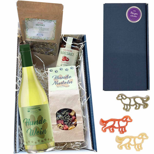Geschenkset Hunde mit Wein, Nudeln, Sauce und Kräutermix